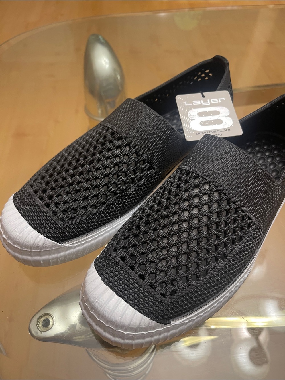 Layer 8 Black Mesh Slip-On Loafers with White Sole